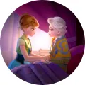 Princezna Anna pečuje o Elsu v pokoji s fialovými přikrývkami a tyrkysovým živůtkem, jedlý obrázek na dort