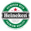Kulatý jedlý obrázek s pivní etiketou Heineken, zelené pozadí, černý pruh s bílým nápisem a červená hvězda uprostřed, jedlý obrázek na dort