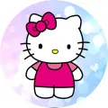 Bílá kočička Hello Kitty s růžovou mašlí a v růžových šatech na fialovo-modrém pozadí, jedlý obrázek na dort