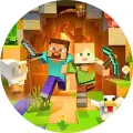 Kulatý jedlý obrázek Steve a Alex z Minecraftu vycházející z jeskyně se zářící lávou, s ovcí a slepicí, jedlý obrázek na dort
