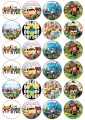 Arch kolečok s Roblox postavičkami, stavitelem v žluté helmě, modrým vodopádem a nápisem OOF, jedlý obrázek na dort