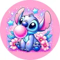 Stitch s velkou růžovou bublinou ze žvýkačky, růžové květy a modré hvězdičky na třpytivém pozadí, jedlý obrázek na dort