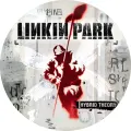 Kulatý jedlý obrázek s kapelou Linkin Park: červená silueta vojáka s vážkovými křídly, vlajka a logo na tmavém pozadí, obrázek na dort.