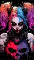 Harley Quinn s rudýma očima a lebkami ve vlasech na tmavém pozadí, jedlý obrázek na dort