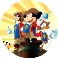 Mickey, Donald, Goofy a Pluto jako mušketýři s kordy na žlutém pozadí, jedlý obrázek na dort
