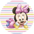 Baby Minnie v růžové mašli leží na bříšku s bradou v bílých rukavičkách na pastelových pruzích růžové, žluté a modré, jedlý obrázek na dort