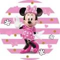 Usměvavá Minnie v růžových šatech s puntíky mává na růžovo-bílém pruhovaném pozadí se zlatými kolečky, jedlý obrázek na dort