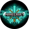 Kulatý jedlý obrázek na dort s pixelovým diamantovým mečem, zkříženými krumpáči a kamenným logem Minecraft v tyrkysové záři na černém pozadí