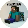 Steve z Minecraftu sedící u diamantové rudy s krumpáčem a logem hry na světlém pozadí, jedlý obrázek na dort