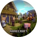 Kulatý jedlý obrázek na dort s kostičkovou vesnicí z Minecraftu: dřevěné domky, vesničané, růžové prasátko a železný golem s květinou.