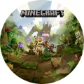 Kulatý jedlý obrázek na dort: čtyři postavičky Minecraftu na kamenných blocích v zelené džungli, za nimi obří strážce a creeper, jedlý obráz
