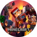 Jedlý obrázek na dort: kulatý výjev z Minecraftu s bojovníkem s mečem, zeleným creeperem a ohnivým dungeonem v oranžových tónech