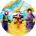 Naruto, Sasuke a Sakura v kulatém motivu na modré obloze se zlatavým vírem, jedlý obrázek na dort