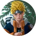 Kulatý jedlý obrázek na dort: ninja Naruto s žlutými vlasy a modrýma očima na pozadí zeleného kapradí, jedlý obrázek na dort