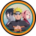 Kulatý jedlý obrázek s postavami Naruto, Sasuke a Sakura z anime Naruto, oranžový okraj, jedlý obrázek na dort