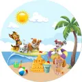 Kulatý jedlý obrázek s pejsky Paw Patrol na slunné pláži s palmou, nafukovacím kruhem a modrým mořem, jedlý obrázek na dort