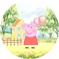 Prasátko Peppa v červených šatech s balonky před žlutým domečkem a kvetoucí loukou, jedlý obrázek na dort