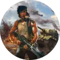Rambo s kulometem a pásy nábojů před výbuchy a bojovým tankem, jedlý obrázek na dort