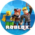 Kulatý jedlý obrázek s třemi postavami z Roblox na modrém pozadí s bílým logem, jedlý obrázek na dort