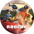 Kulatý jedlý obrázek na dort s hrdinou Roblox utíkajícím po vlaku před policistou a vrtulníkem, jedlý obrázek na dort