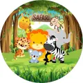 Kulatý jedlý obrázek na dort se safari scénou: lev, zebra, žirafa, slůně, gepard, opička a koala v zelené džungli, jedlý obrázek na dort