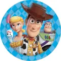 Kulatý jedlý obrázek s Woodym v klobouku, Bo Peep s ovčí holí a Vidlíkem z Toy Story, pastelové barvy, jedlý obrázek na dort