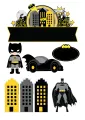 Batman s černým Batmobilem a nočním městem Gotham s nápisem POW! na jedlý obrázek na dort