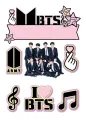 Růžovočerný jedlý obrázek na dort se sedmi členy skupiny BTS, logem ARMY, srdíčkem a nápisem I love BTS