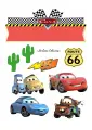 Jedlý obrázek na dort s auty z Cars: červený Blesk McQueen, modrá Sally, Burák a cedule Route 66 na červené stuze