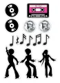 Černobílé siluety tanečníků v disco stylu s diskokoulemi, vinyly, notami a růžovou kazetou Mix Tape, jedlý obrázek na dort.
