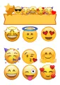 Žlutí emoji smajlíci v kolečkách s srdíčky, hvězdami a narozeninovou čepičkou, jedlý obrázek na cupcakes a dort