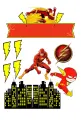Hranatý jedlý obrázek se superhrdinou Flash v běhu, žlutými blesky a siluetou města na červeném pozadí, jedlý obrázek na dort.