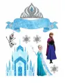 Elsa, Anna a Olaf před třpytivým ledovým palácem v modrobílé zimní scéně, jedlý obrázek na dort