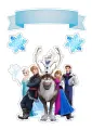 Jedlý obrázek na dort s postavami z Frozen: Elsa v modrých šatech, Anna, Kristoff, sob Sven a Olaf na bílém pozadí se světle modrou stuhou