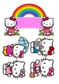 Hello Kitty v růžových šatech pod pestrou duhou, kolem ní čtyři postavičky s deštníkem, fotoaparátem, kytičkou a mlékem, jedlý obrázek na do