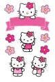 Hello Kitty v růžových šatech s květinami ve vlasech a růžovou páskou, jedlý obrázek na dort