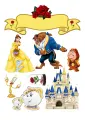 Jedlý obrázek na dort s princeznou Belle v žlutých šatech, princem-zvířetem a zámkem, pohádkový motiv Kráska a zvíře.