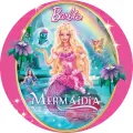 Blonďatá Barbie jako mořská panna v růžovém třpytivém živůtku s ploutví, se zlatým rámem a duhou, jedlý obrázek na dort