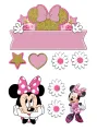 Minnie v růžových šatech s puntíky a zlatým myším uchem s mašlí, pod ním růžová stuha, jedlý obrázek na dort