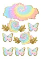 Pastelový tie-dye mrak s růžemi se zlatými lístky a motýlky v růžové, žluté a tyrkysové barvě, jedlý obrázek na dort