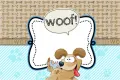 Hnědý kreslený pejsek s vyplazeným jazykem, bublina Woof a modré pruhy s tlapkami, jedlý obrázek na dort