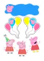 Prasátko Peppa v puntíkaté čepici a kostkovaných šatech, s barevnými balonky a modrým mráčkem, jedlý obrázek na dort