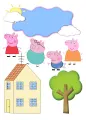 Prasátko Peppa s rodinkou před žlutým domkem, zelený strom a modré nebe se sluníčkem, jedlý obrázek na dort