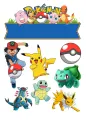 Jedlý obrázek s Pikachu, trenérem Ashem, Bulbasaurem, Squirtlem a pokébally na bílém pozadí, modrá cedule pro jméno, jedlý obrázek na dort.
