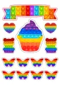 Hranatý jedlý obrázek s duhovým cupcakem, medvídky, srdíčky a motýlky v pestrých barvách na dort