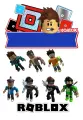 Jedlý obrázek na dort s hráči Roblox v barevných oblečcích, modrou stuhou a logem Roblox, hranatý tvar