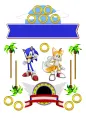 Sonic a Tails stojí mezi zelenými palmami a zlatými kroužky pod modrou oblohou, uprostřed prázdná stuha, jedlý obrázek na dort