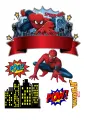 Spiderman v akčních pózách na modrém pavučinovém pozadí s komiksovými bublinami POW! a černou silueto města, jedlý obrázek na dort
