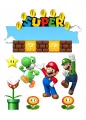 Hranatý motiv Super Mario s Mariem v červené čepici, Luigim v zeleném a Yoshim, nad nimi nápis SUPER a zlaté mince, jedlý obrázek na dort.