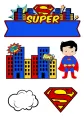 Komiksový Superman v modrém plášti s panoramatem mrakodrapů, bublinami POW a BANG a modrým pruhem; jedlý obrázek na dort